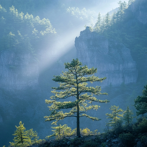 新植柏枝晨光映