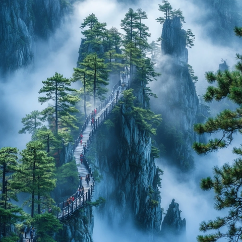 黄山松林云海步道