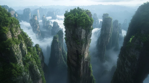 张家界石柱与绿树