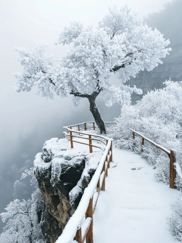 雪中老树与木栏