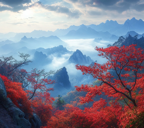 秋日山林俯瞰云雾红叶