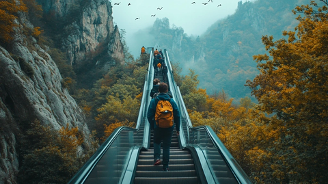 登山者乘电动扶梯上山