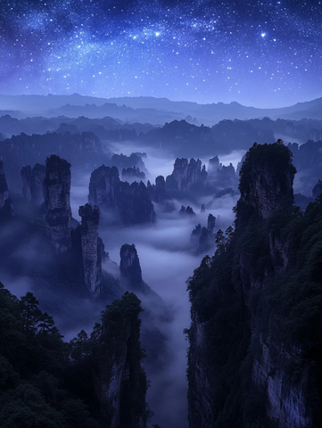 夜空中层叠山脉与银河