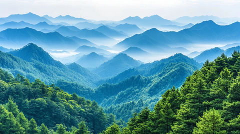 清晨山脉绿色雾气