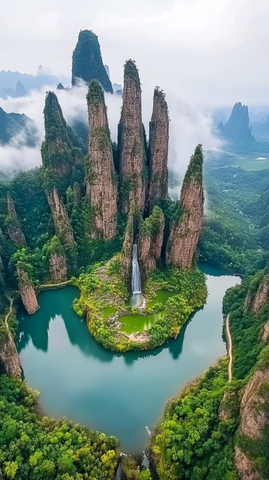 山峰手掌湖面瀑布