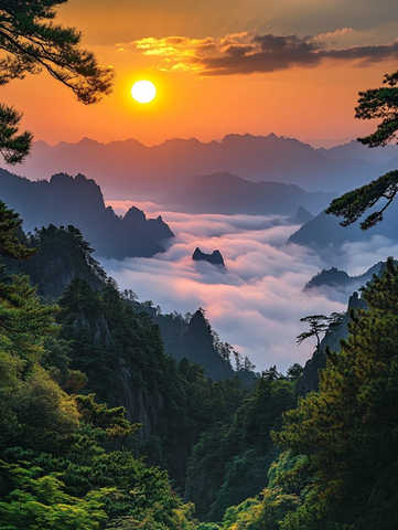 日出云海松树山景