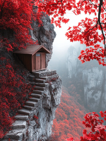 悬崖木屋红枫梯