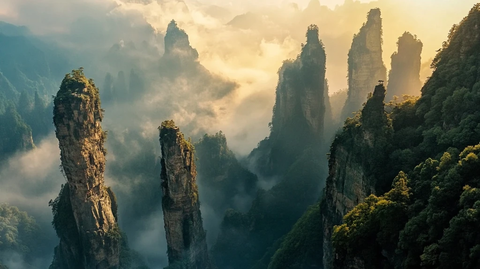 张家界云雾缭绕石柱峰