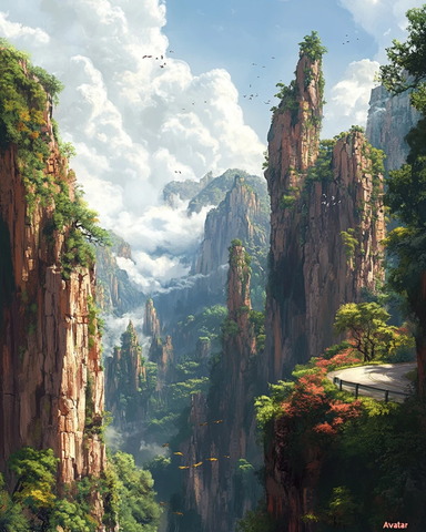 云雾缭绕的山峰与蜿蜒小路