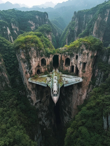 废弃战斗机与悬崖洞穴