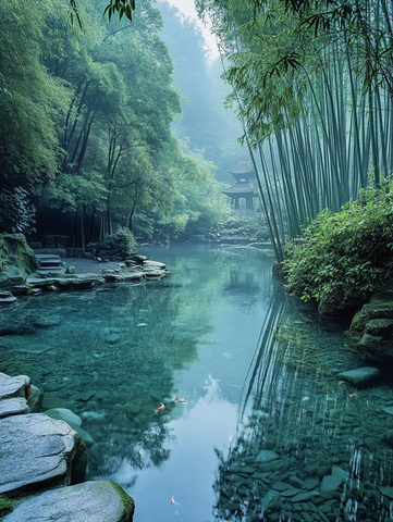 寺庙旁竹林溪流