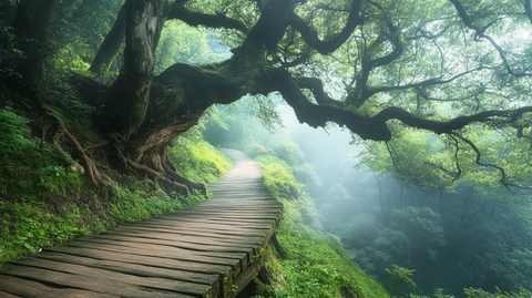 森林木径绿草覆盖