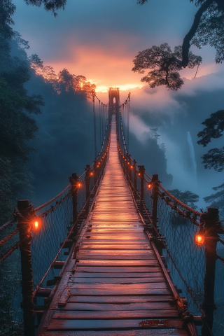 云中悬桥通向瀑布