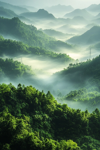 云雾缭绕的山间高压线