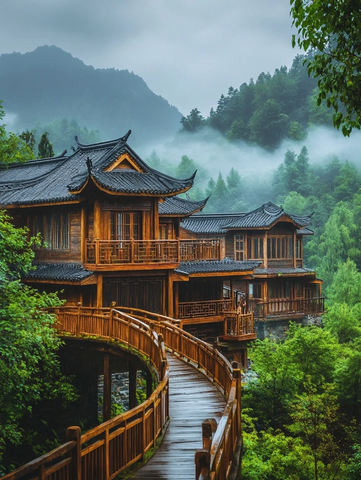 山中古木屋与曲桥