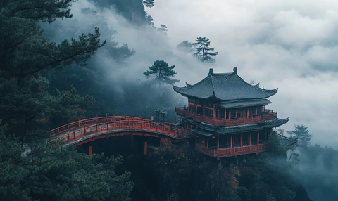 云雾缭绕山寺松桥海景
