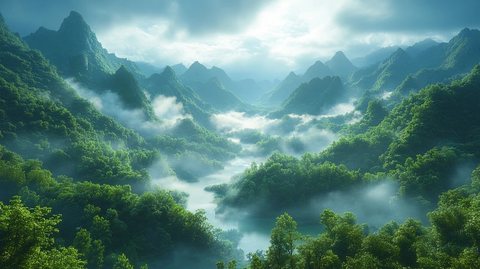 绿色山脉与云雾缭绕