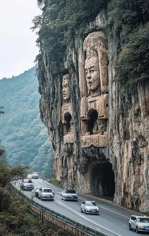 高速公路上行驶的SUV与山壁石雕