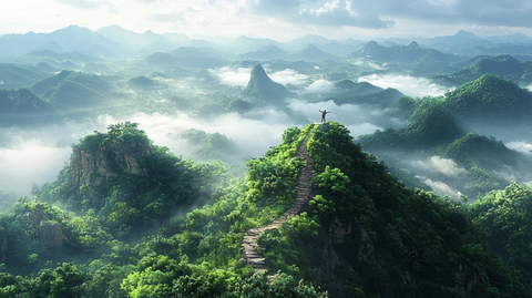 登山者站在山脊上庆祝胜利