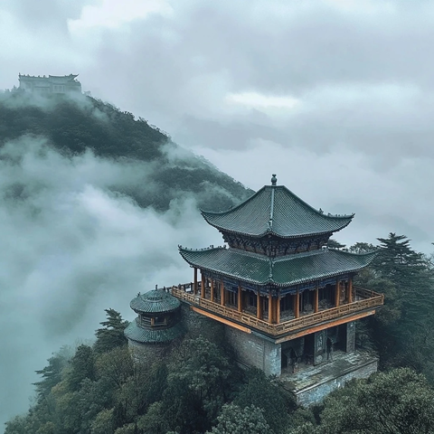 山峰薄雾白鹭飞翔