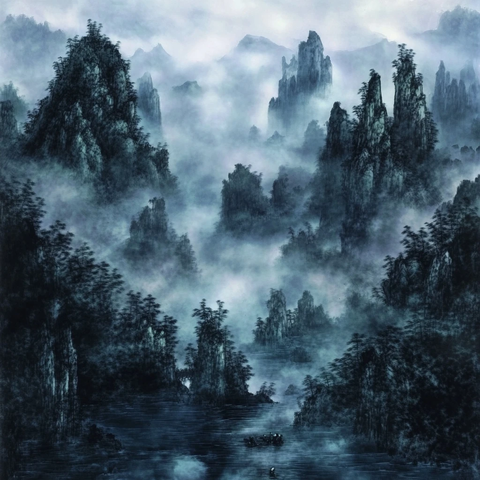 云雾缭绕的山水画