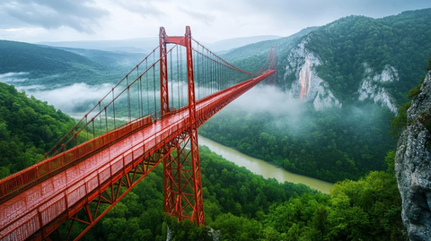 红钢悬索桥横跨青山绿水