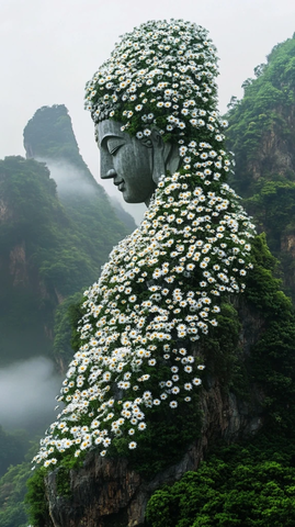 半身观音像与山体融合