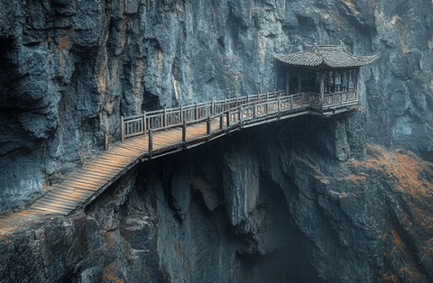 悬崖木桥连接两岩