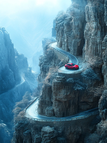 高山公路上的红色汽车