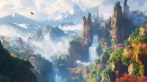 花果山瀑布与猴群