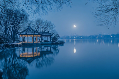 湖畔古亭月色夜景