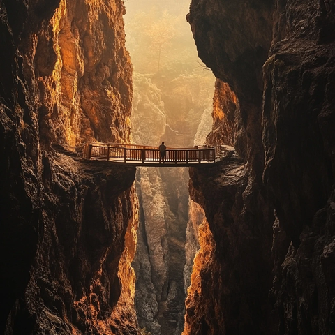 日落时分木桥与洞穴