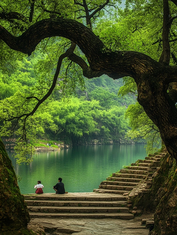 树荫下品茶观景
