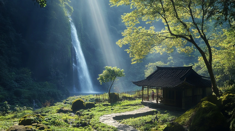 山谷瀑布与农舍