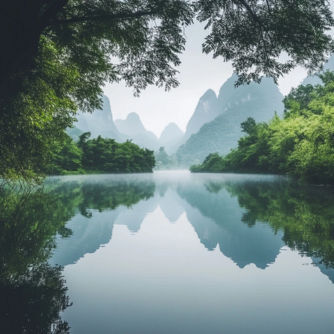 湖面如镜远山隐现