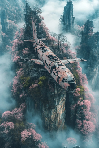 山顶飞机残骸与樱花