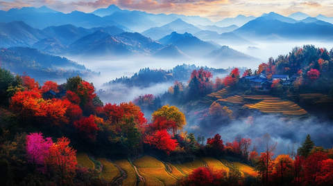 独立山峰与金色稻田