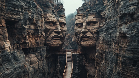 双面石雕与木桥