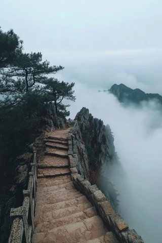 黄山天都峰石阶云雾