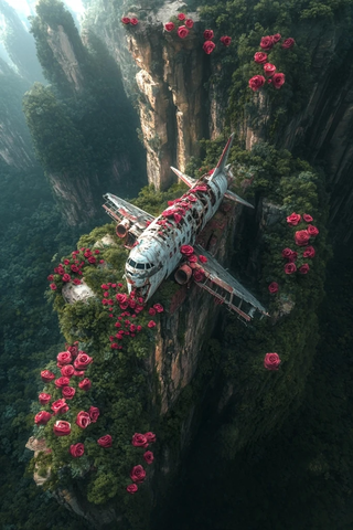 悬崖上的飞机与玫瑰