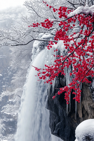 冬月瀑布红梅