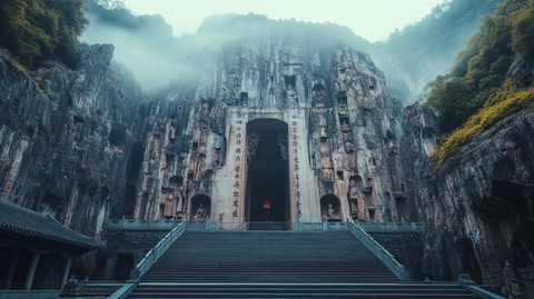 龙门石窟清晨仰望