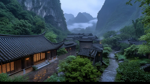 深山古院夜雾缭绕