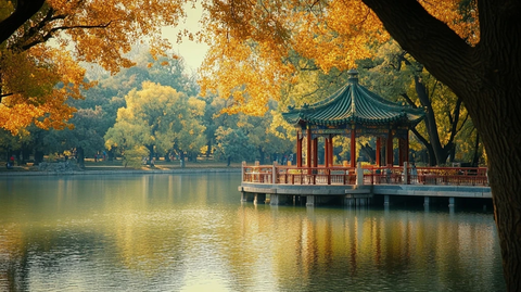 水上古亭风景美秋景黄叶相伴韵味足