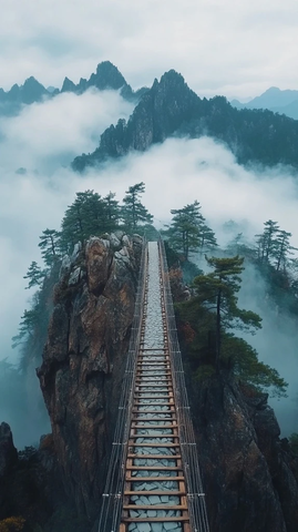 黄山山顶石桥与云雾景观