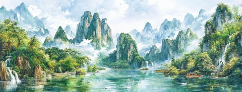 山水画中的天鹅游弋