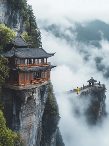 悬崖寺庙与黄衣僧人