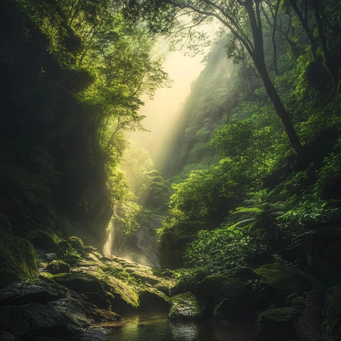 阳光穿透云层照亮丛林水坑