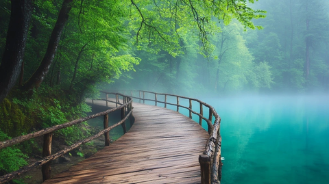 木桥横跨碧水湖