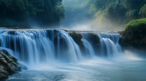 日出时分瀑布与雾